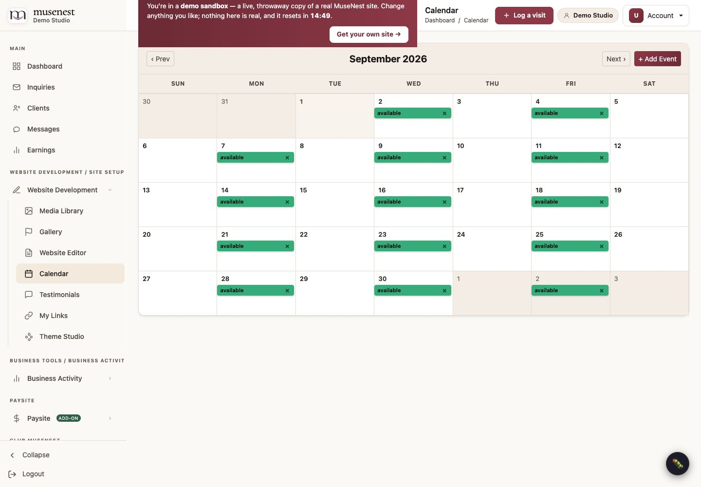 Musenest appointment availability calendar used by the public site and advertising workflow