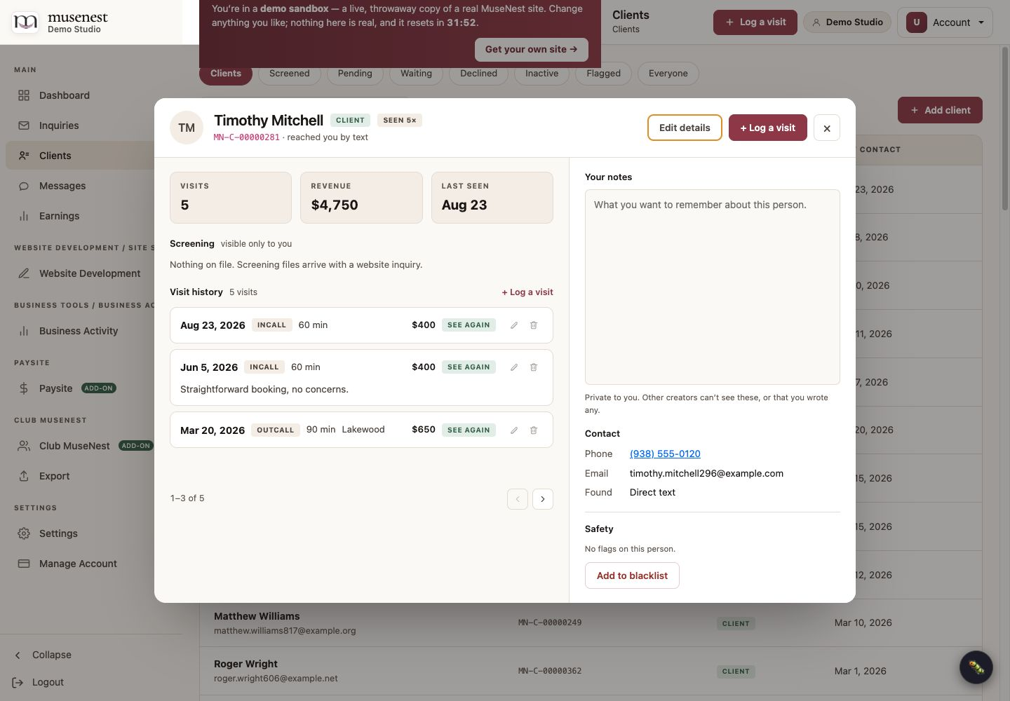 Musenest CRM record showing a male test client, visit history and revenue