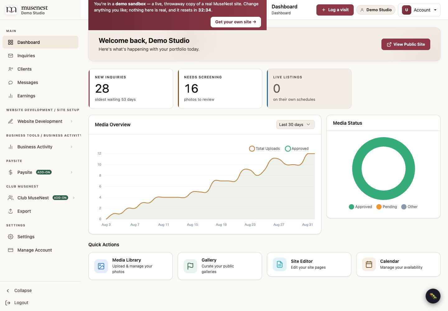 Musenest dashboard showing new inquiries, screening queue and media activity