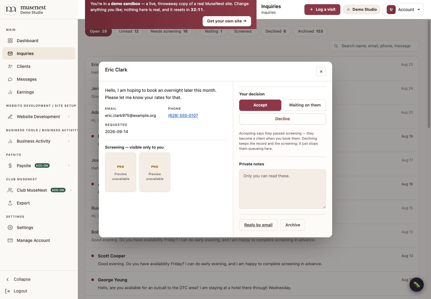 Male test inquiry for Eric Clark in the private Musenest screening workflow